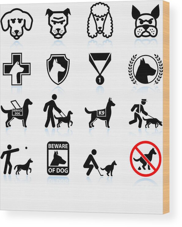 White Background Wood Print featuring the drawing Dog breeds black and white royalty free vector icon set by Bubaone