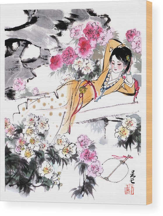 Liu Danzhai Wood Print featuring the painting Dream of the Red Chamber - Woman Laying In Garden by Liu Danzhai