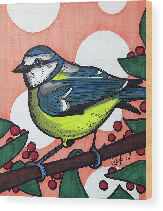 Eurasian Blue Tit Wood Print featuring the drawing Eurasian Blue Tit by Creative Spirit