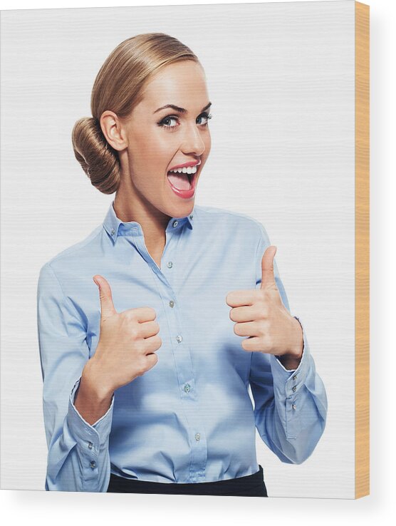Corporate Business Wood Print featuring the photograph Excited businesswoman with thumbs up by Izusek
