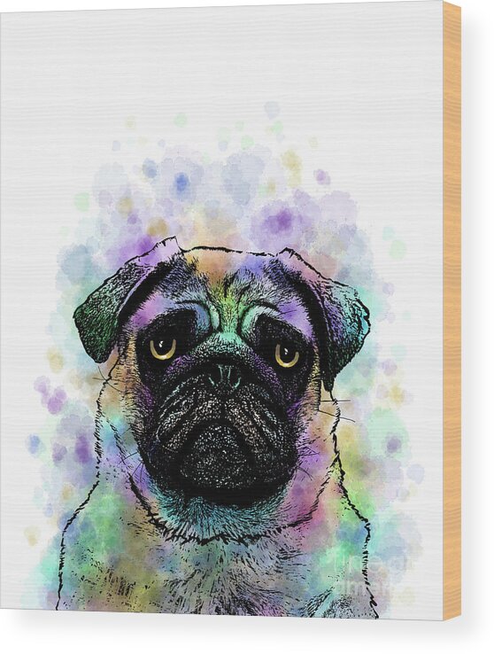 Pug Wood Print featuring the mixed media Funny Pug Dog 156 by Lucie Dumas