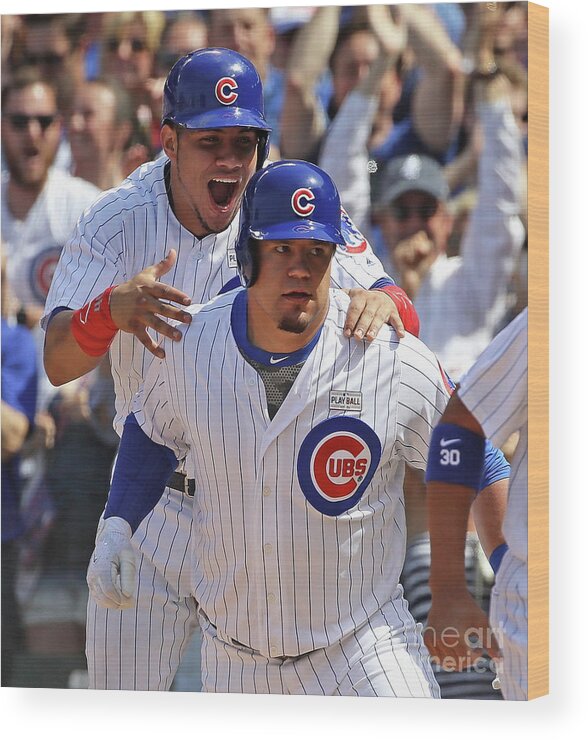 Three Quarter Length Wood Print featuring the photograph Kyle Schwarber and Willson Contreras by Jonathan Daniel
