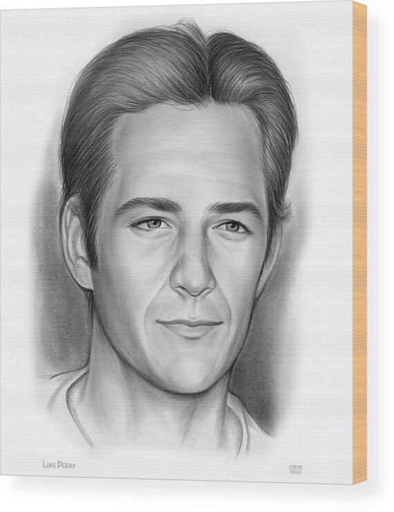 Birthday Wood Print featuring the drawing Luke Perry - Pencil by Greg Joens