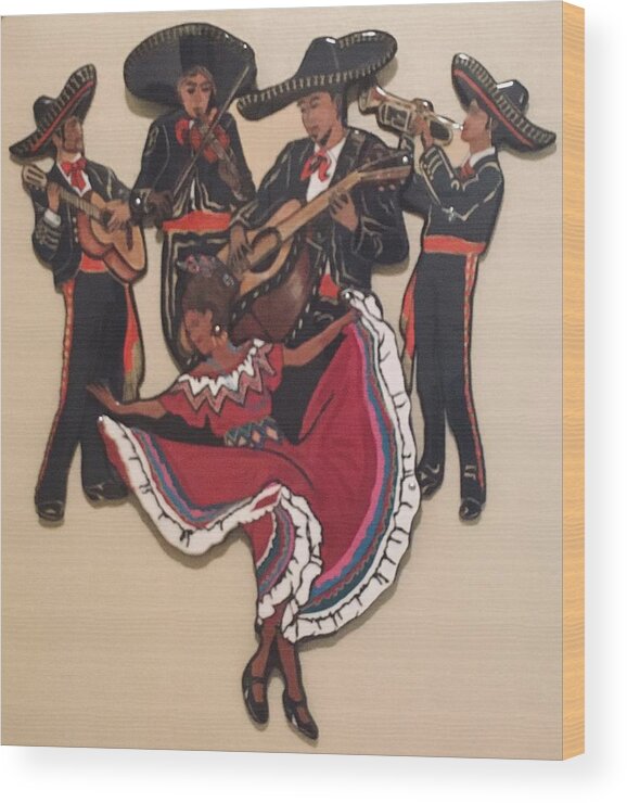 Mariachi Musicians Wood Print featuring the mixed media Mariachis and Folklorico Dancer by Bill Manson