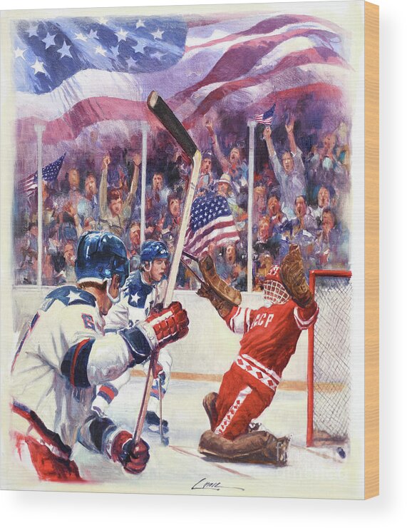 Dennis Lyall Wood Print featuring the painting Miracle On Ice - USA Olympic Hockey Wins Over USSR by Dennis Lyall