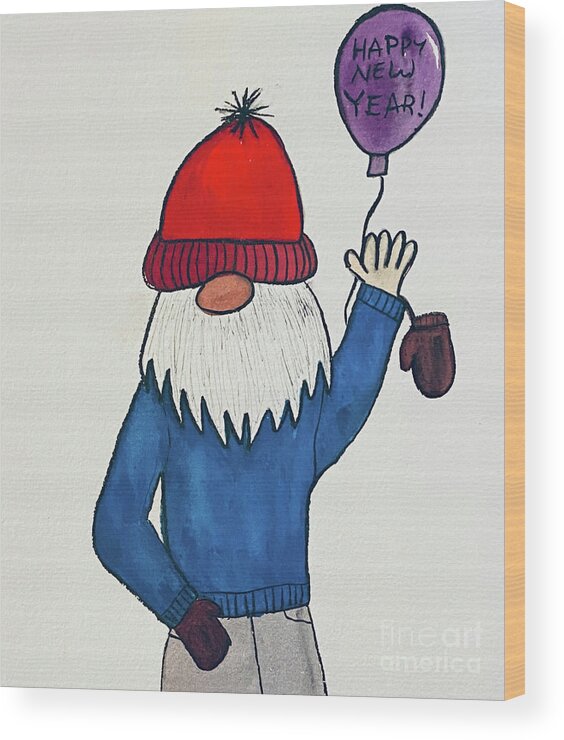 Gnome Wood Print featuring the mixed media New Years Gnome by Lisa Neuman