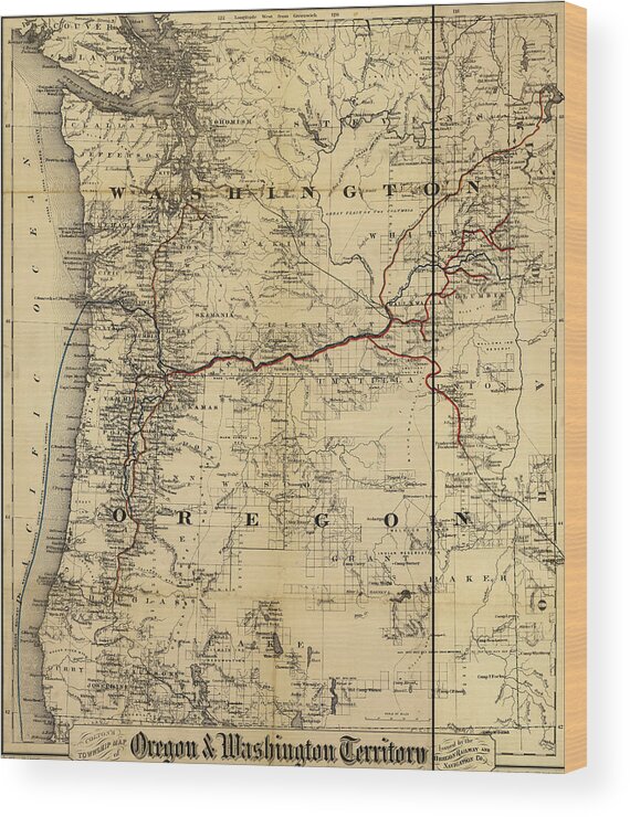 Rails Wood Print featuring the drawing Oregon and Washington Territory 1880 by Vintage Railroad Maps