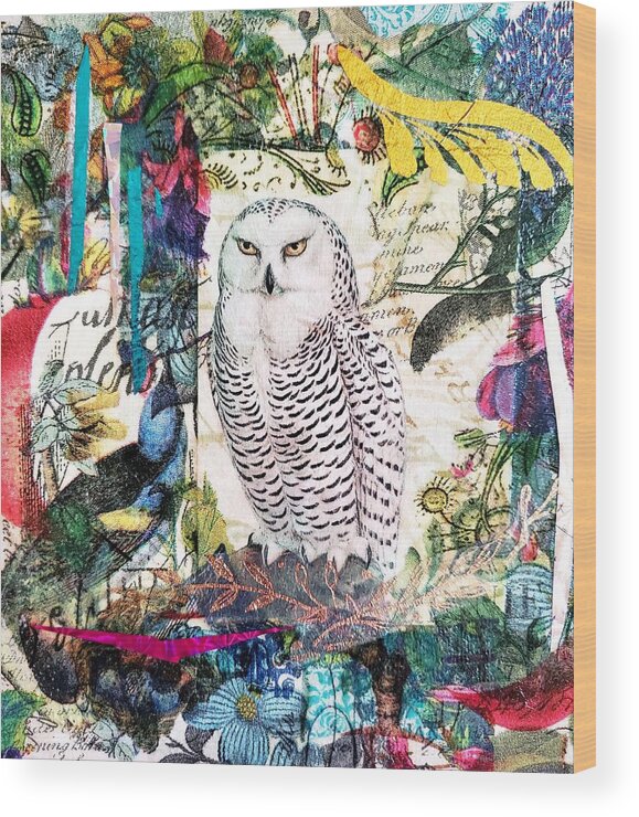Snowy Owl Wood Print featuring the mixed media Owl Laureate by Deborah Cherrin