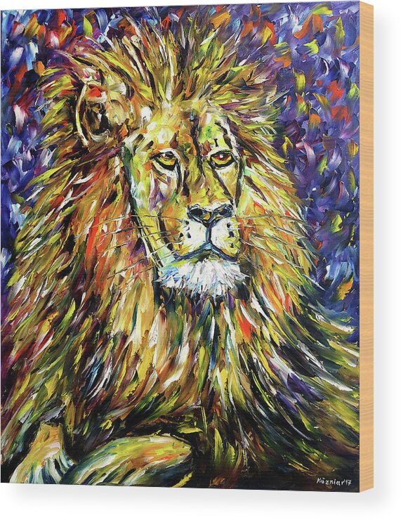 King Lion Painting Wood Print featuring the painting Portrait Of A Lion by Mirek Kuzniar