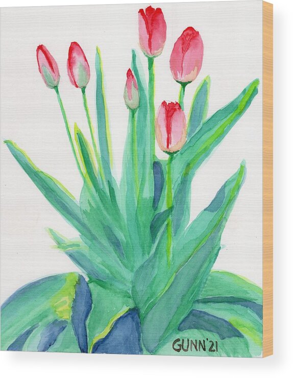 Tulips Wood Print featuring the painting Red Tulips by Katrina Gunn