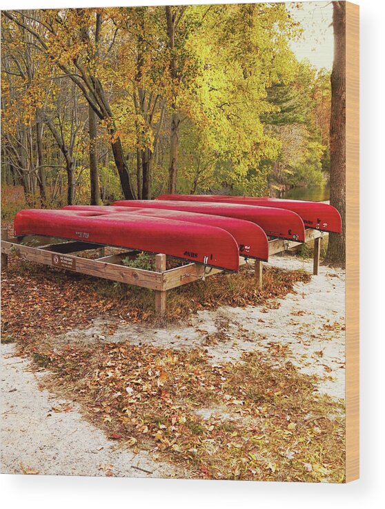 Red Canoes Wood Print featuring the photograph Red Canoes Until Next Summer by Ola Allen
