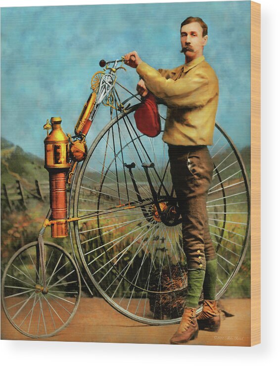 Steampunk Wood Print featuring the photograph Steampunk - The Steampowered Bicycle 1884 by Mike Savad