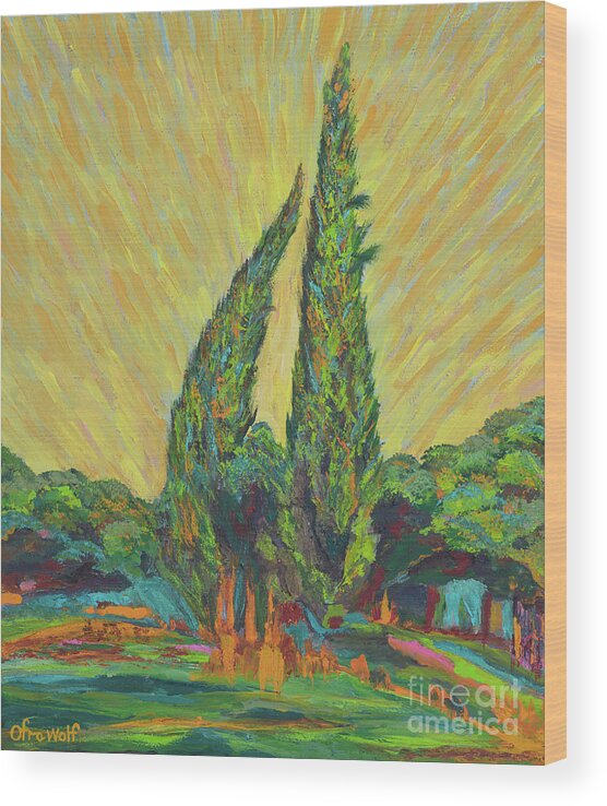 Tree. Cypresses Wood Print featuring the painting The cypresses at the foot of the water by Ofra Wolf