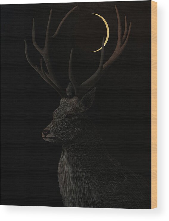 Deer Wood Print featuring the painting The Deer and the Moon by Tone Aanderaa