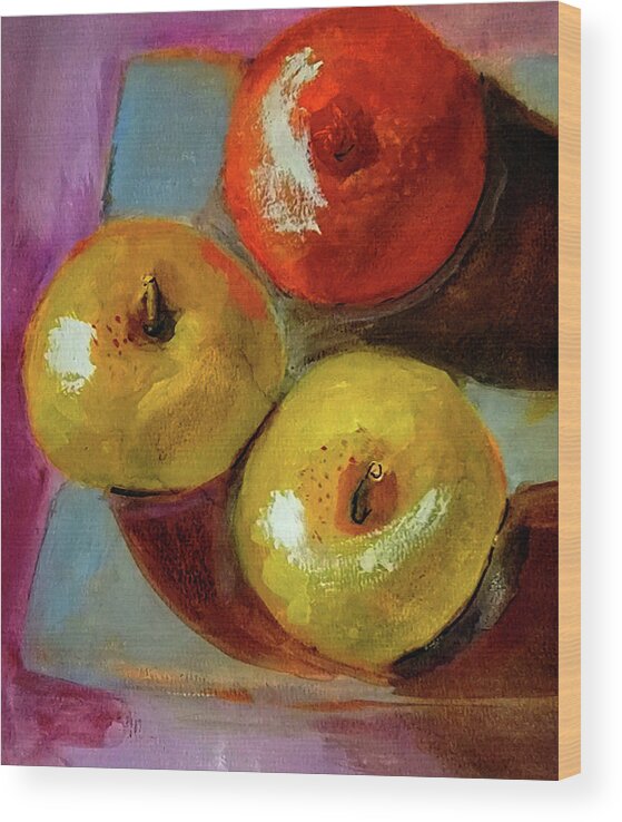 Still-life Wood Print featuring the painting The Joy Of Three Fruits by Lisa Kaiser