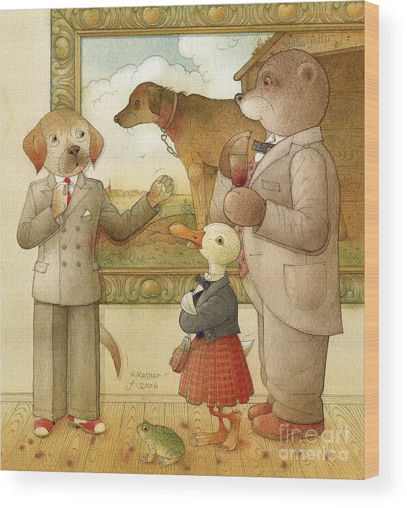 Crime Detective Investigation Picture Party Dinner Dog Animals Bear Duck Frog Evening Wood Print featuring the drawing The Missing Picture16 by Kestutis Kasparavicius