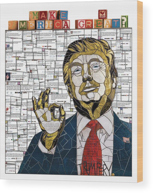 Trump Mosaic Tweets Twitte Anti-trump Political Art Wood Print featuring the glass art Verbatim by Cherie Bosela