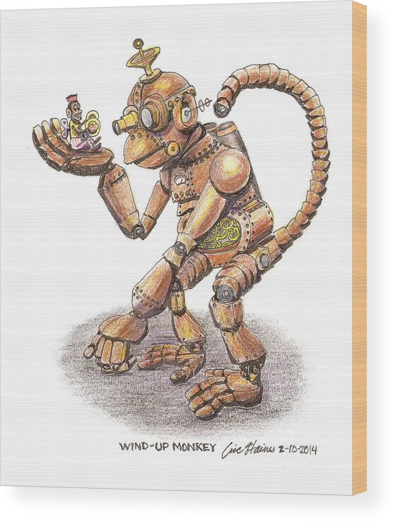 Steampunk Wood Print featuring the drawing Wind Up Monkey by Eric Haines