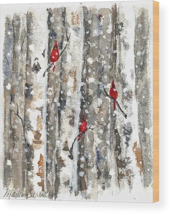 Cardinals Wood Print featuring the painting Woodland Cardilals by Marlene Schwartz Massey