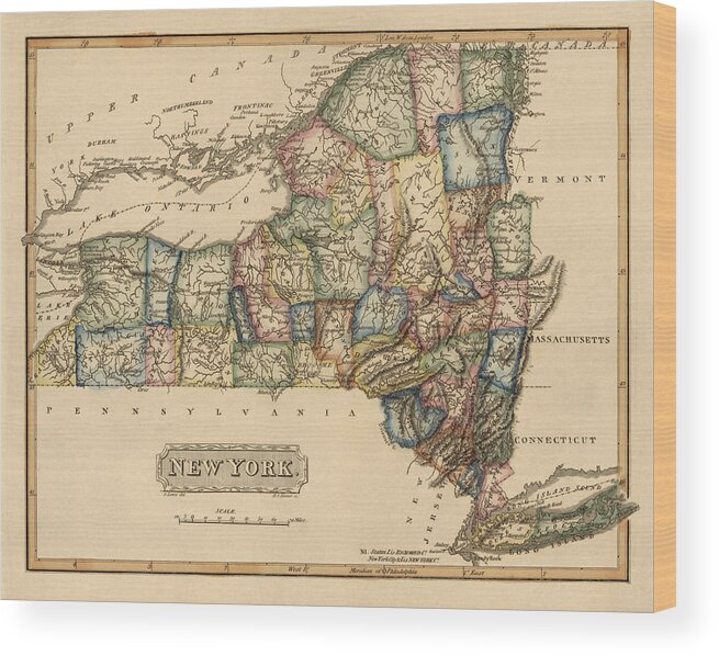 Antique Map Of New York State By Fielding Lucas Circa 1817 Wood