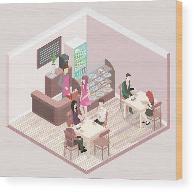 Flat 3d Isometric Design Interior Cafe Or Restaurant Wood Print