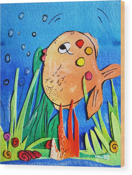 Funny Wood Print featuring the painting Cheeky fish -ideal for bathrooms by Mary Cahalan Lee - aka PIXI