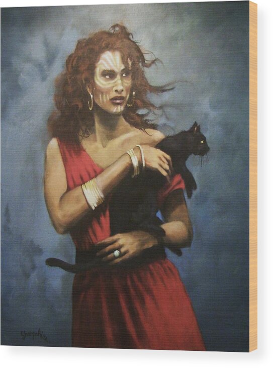 Black Cats Wood Print featuring the painting Red Witch by Tom Shropshire