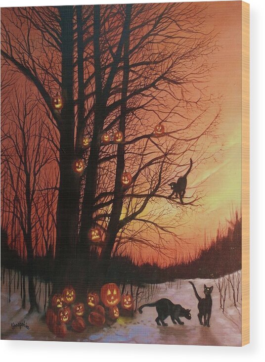 Black Cats Wood Print featuring the painting The Pumpkin Tree by Tom Shropshire