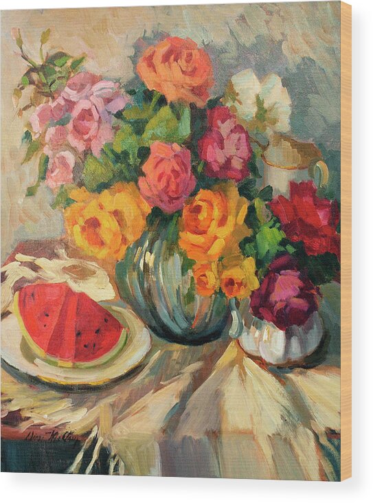 Watermelon And Roses Wood Print featuring the painting Watermelon and Roses by Diane McClary