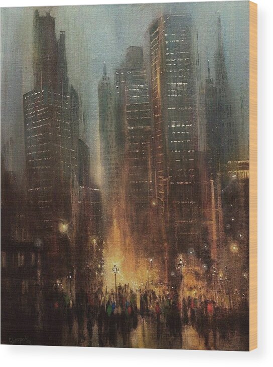 City Scene Wood Print featuring the painting City Rain by Tom Shropshire
