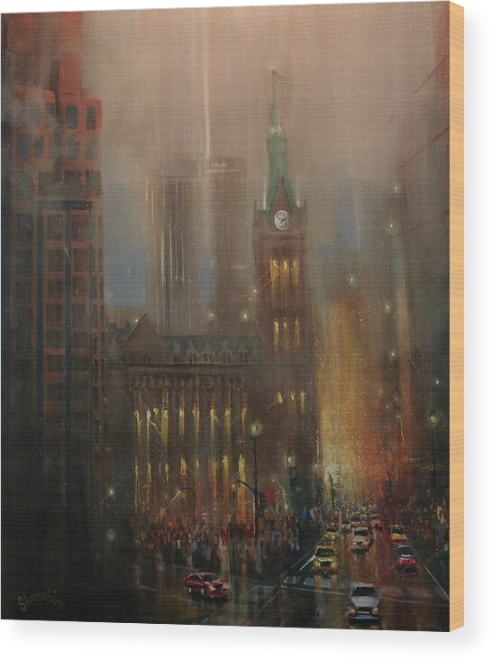 City At Night Wood Print featuring the painting Milwaukee Rain by Tom Shropshire