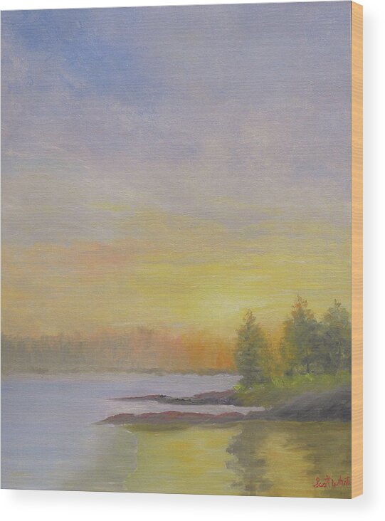 Sunset Beach Ocean Landscape Maine Wood Print featuring the painting Pemaquid Beach Sunset by Scott W White