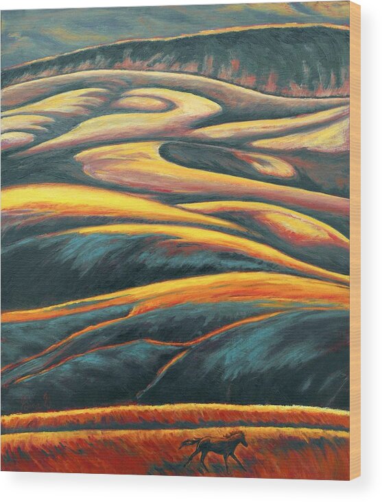 Landscape Wood Print featuring the painting The Enigmatic Hills by Gina Grundemann