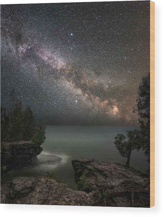 Door County Wood Print featuring the photograph Cave Point Dreams - Milky Way over Lake Michigan at Cave Point Park by Peter Herman