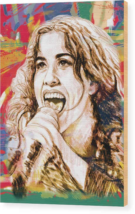 Art Drawing Sharcoal.ketch Portrait Wood Print featuring the drawing Alanis Morissette - stylised drawing art poster by Kim Wang