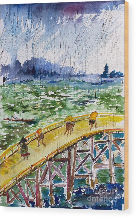 Asia Wood Print featuring the painting Bridge In The Rain after Van Gogh after Hiroshige by Ginette Callaway