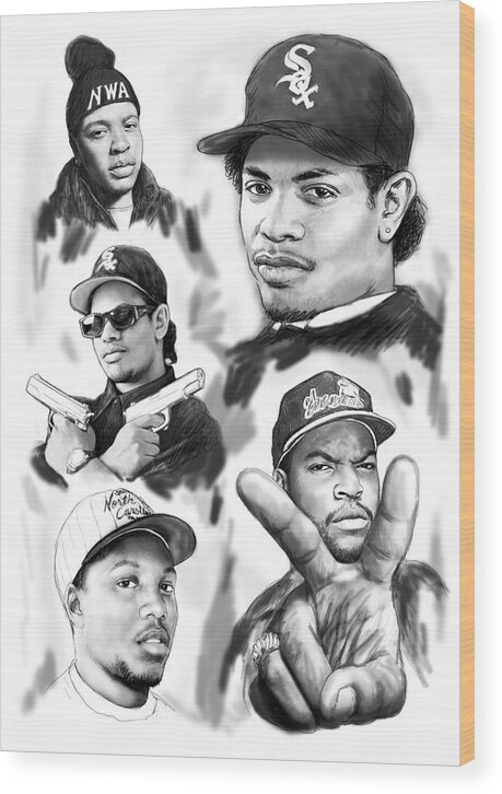 N.w.a - Ice Cube Wood Print featuring the drawing N W A group art drawing sketch by Kim Wang