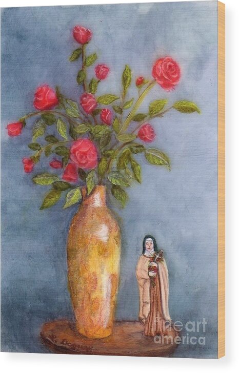 Roses Wood Print featuring the painting Saint Therese of the Little Flower by Lora Duguay
