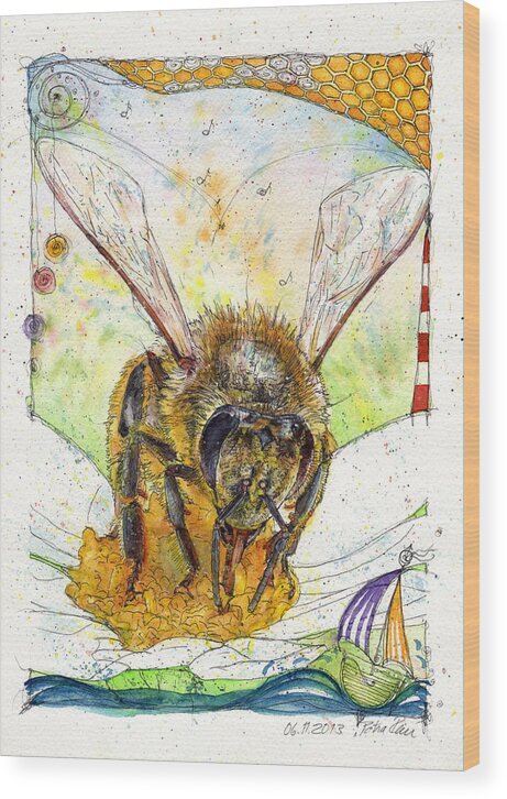 Bees Wood Print featuring the painting The Pollinator by Petra Rau