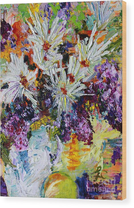 Chrysanthemums Wood Print featuring the painting Chrysanthemums and Lilacs Still Life by Ginette Callaway