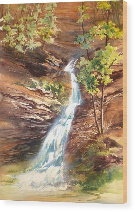 Water Falls;rocks;trees;hocking Hills;watercolor Painting; Wood Print featuring the painting Falls at Hocking Hills by Lois Mountz
