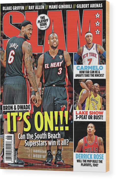 Dwayne Wade Wood Print featuring the photograph Bron & Dwade: It's On!!! SLAM Cover by Getty Images