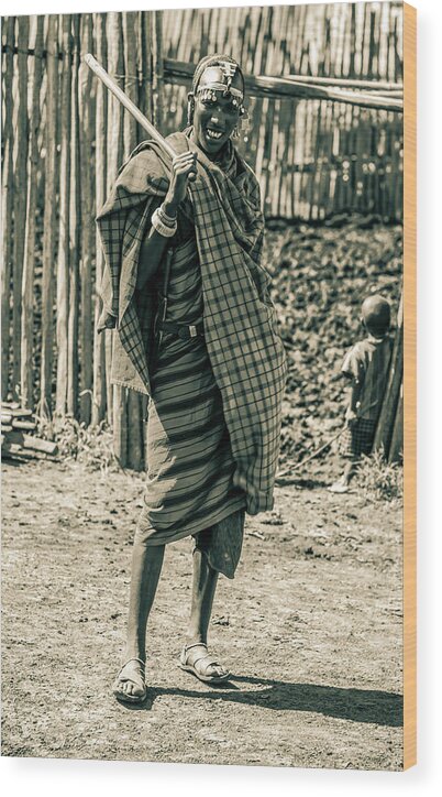 Ngorongoro Maasai Tanzania Wood Print featuring the photograph Portrait Maasai Warrior Tanzania 4132 by Amyn Nasser