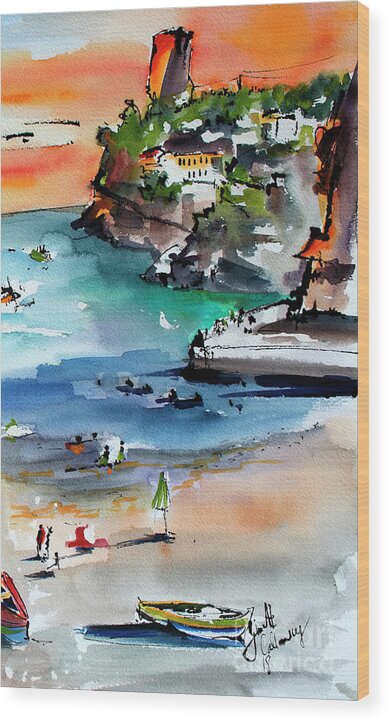 Amalfi Wood Print featuring the painting Contemporary Italy Amalfi Coast Watercolor and Ink Art by Ginette Callaway