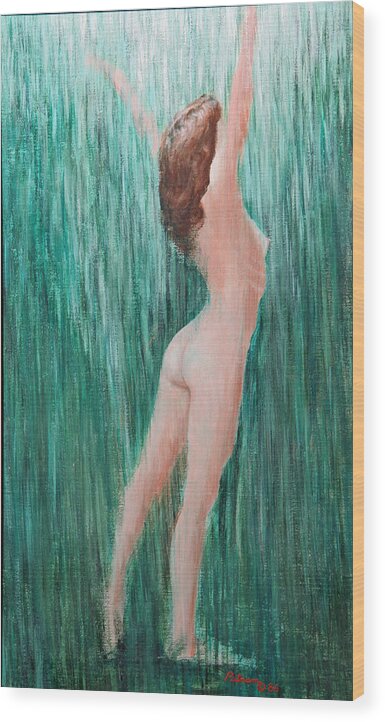 Nude Wood Print featuring the painting Green Rain by Michael Putnam