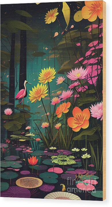 Magical Nature Wood Print featuring the digital art Swamp Magic Flowers Birds Black Water Lily Pads by Ginette Callaway