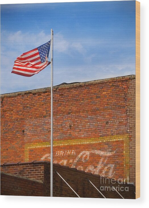 America Wood Print featuring the photograph American Classics - Flag and Coke by T Lowry Wilson
