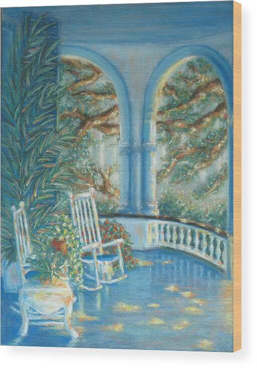 Charleston Wood Print featuring the pastel Battery View at Sunset at Two Meeting Street Inn of Charleston SC by Pamela Poole