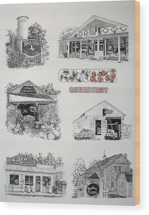 Connecticut Chechire Ct Architecture Buildings New England Wood Print featuring the painting Cheshire Landmarks by Tony Ruggiero