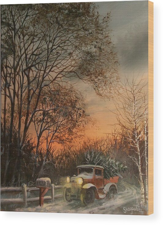 Christmas Tree Wood Print featuring the painting Christmas Tree Delivery by Tom Shropshire